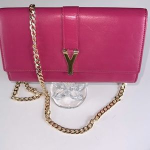 Authentic Yves Saint Laurent Y logo Leather Long Bifold Wallet w/unbranded chain